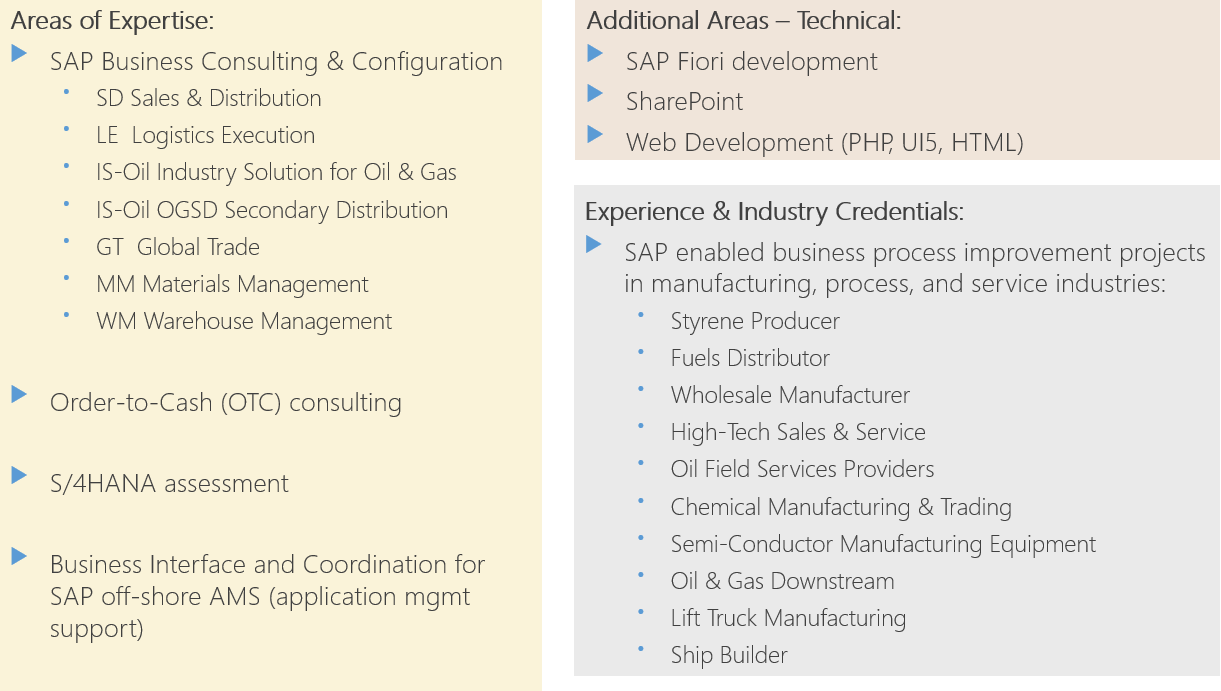 SAP Business Consulting & Configuration, SD Sales & Distribution, LE  Logistics Execution, IS-Oil Industry, Solution for Oil & Gas, IS-Oil OGSD Secondary Distribution, GT  Global Trade, MM Materials, anagement